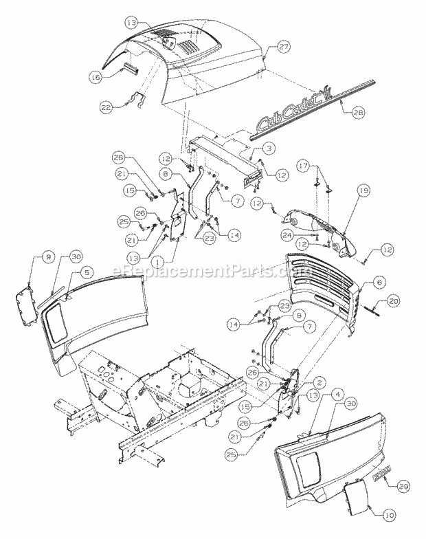 Grille, Hood And Side Panels Diagram and Parts List for 13A-224F100 Cub Cadet Lawn Tractor